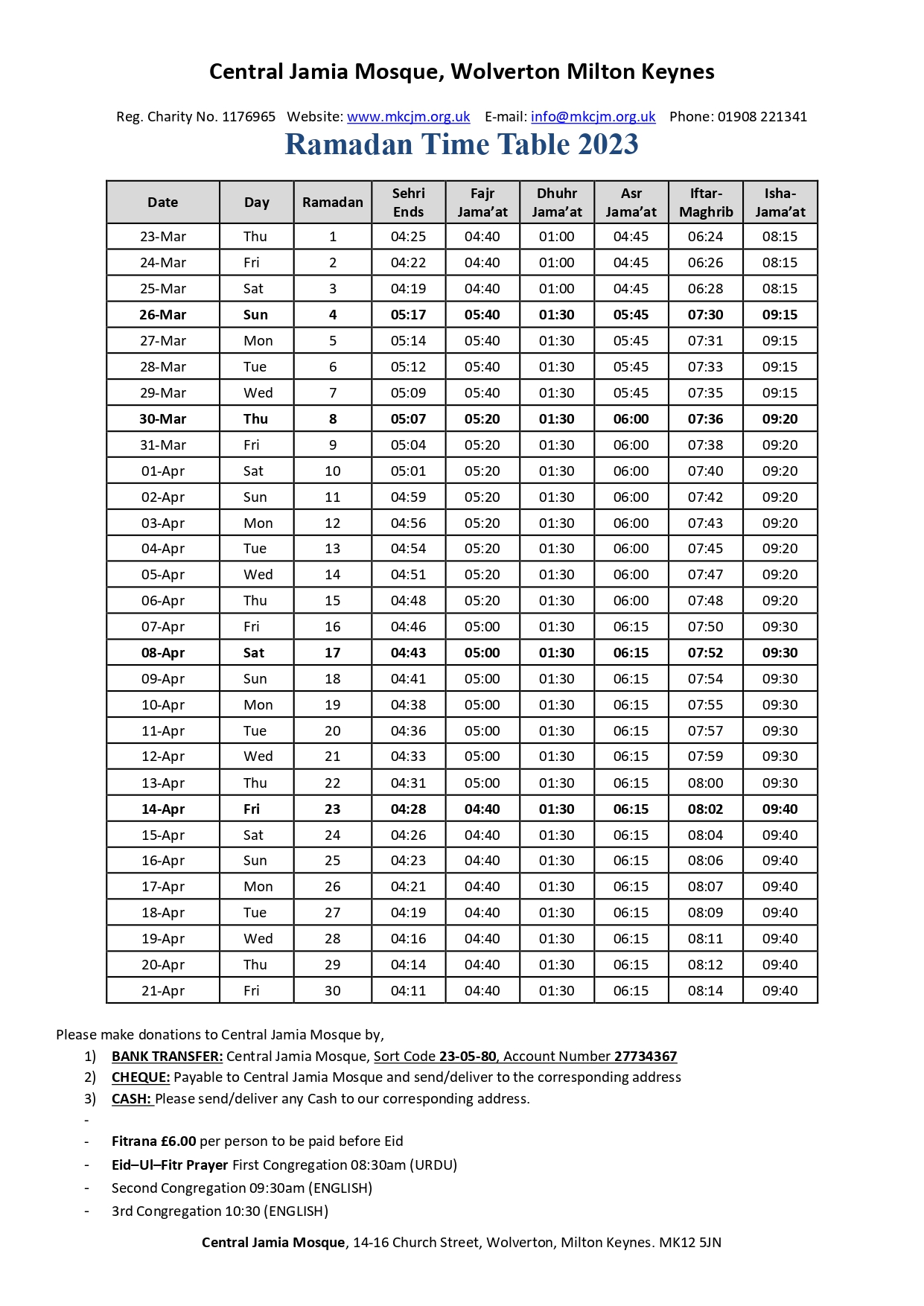 RAMADAN TIMETABLE Central Jamia Mosque Wolverton Milton Keynes